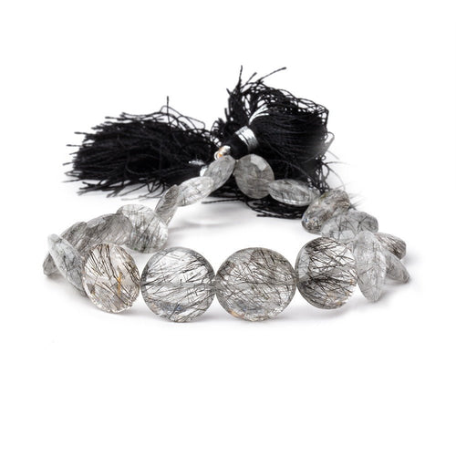 9.5-15mm Black Tourmalinated Quartz Faceted Coin Beads 8.5 inch 18 pieces