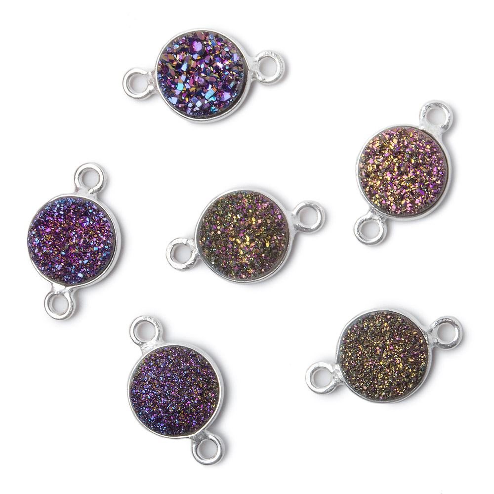 9mm Silver .925 Bezel Mystic Peacock Drusy Drusy Coin Connector 1 piece