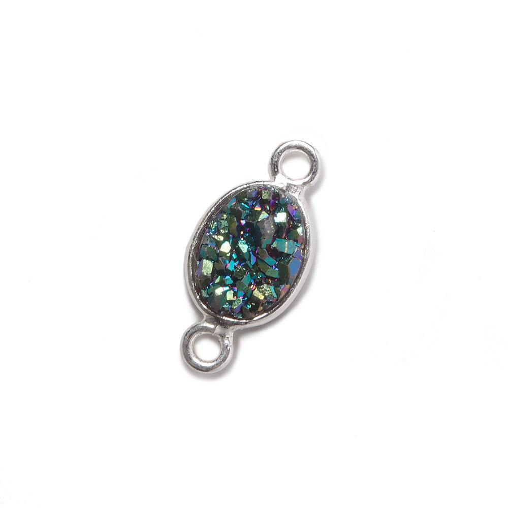 9x6mm Silver .925 Bezel Mystic Mermaid Green Drusy Oval Connector 1 piece
