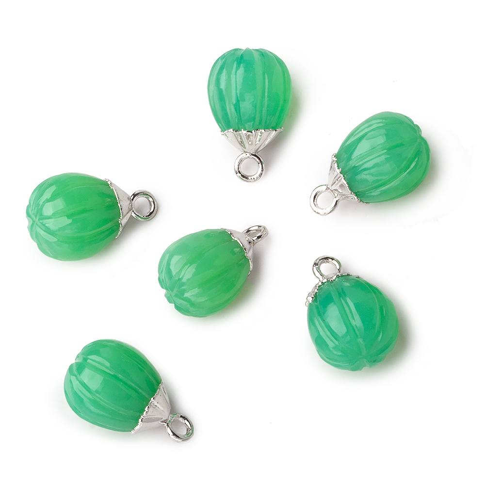 9x8mm Silver Leafed Green Onyx Carved Melon focal bead Pendant sold as 1 piece