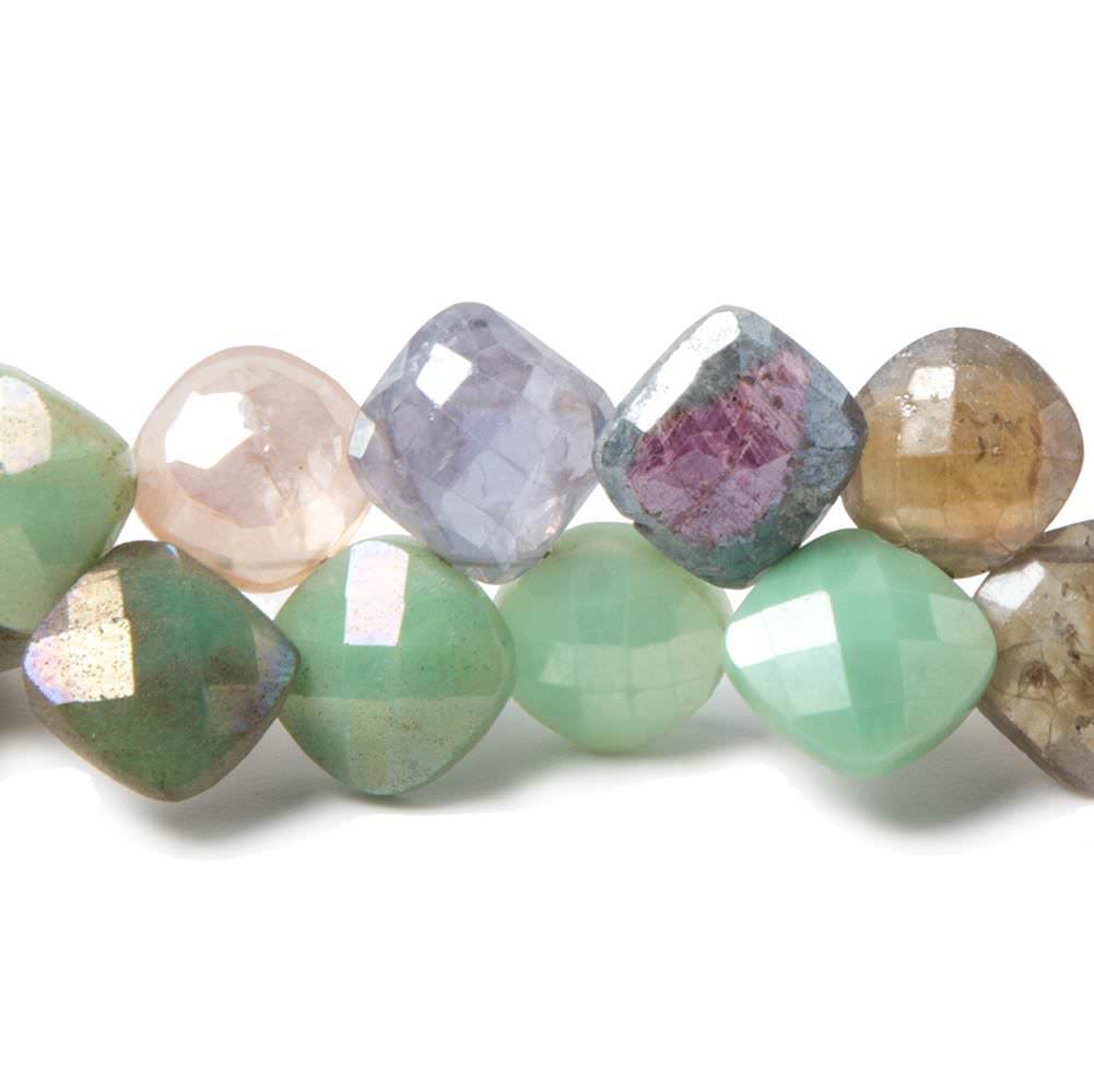 9x9-10x10mm Mystic Multi Gemstone faceted pillow beads 8 inch 44 pieces