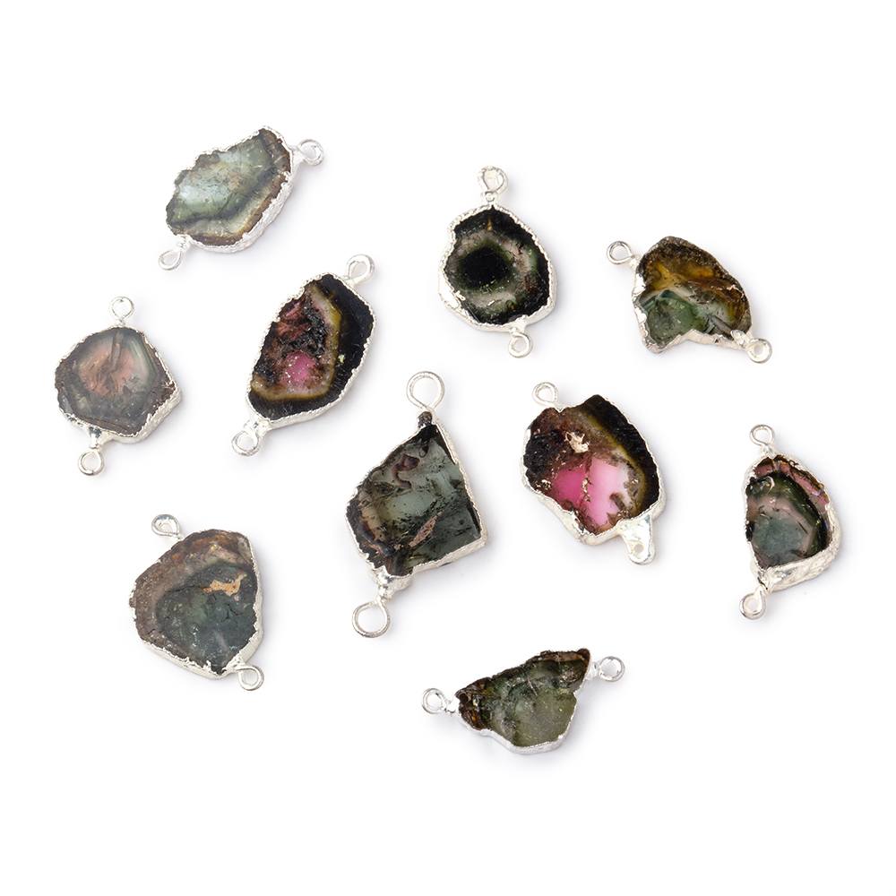 9x9-12x11mm Silver Leafed Tourmaline Natural Crystal Slice 1 Connector Focal
