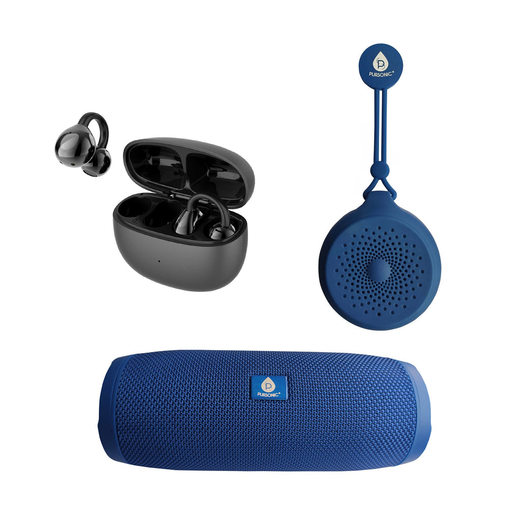 Total Audio Freedom Collection – Wireless Earbuds + Extended-Play 360° Speaker + Waterproof Suction Speaker
