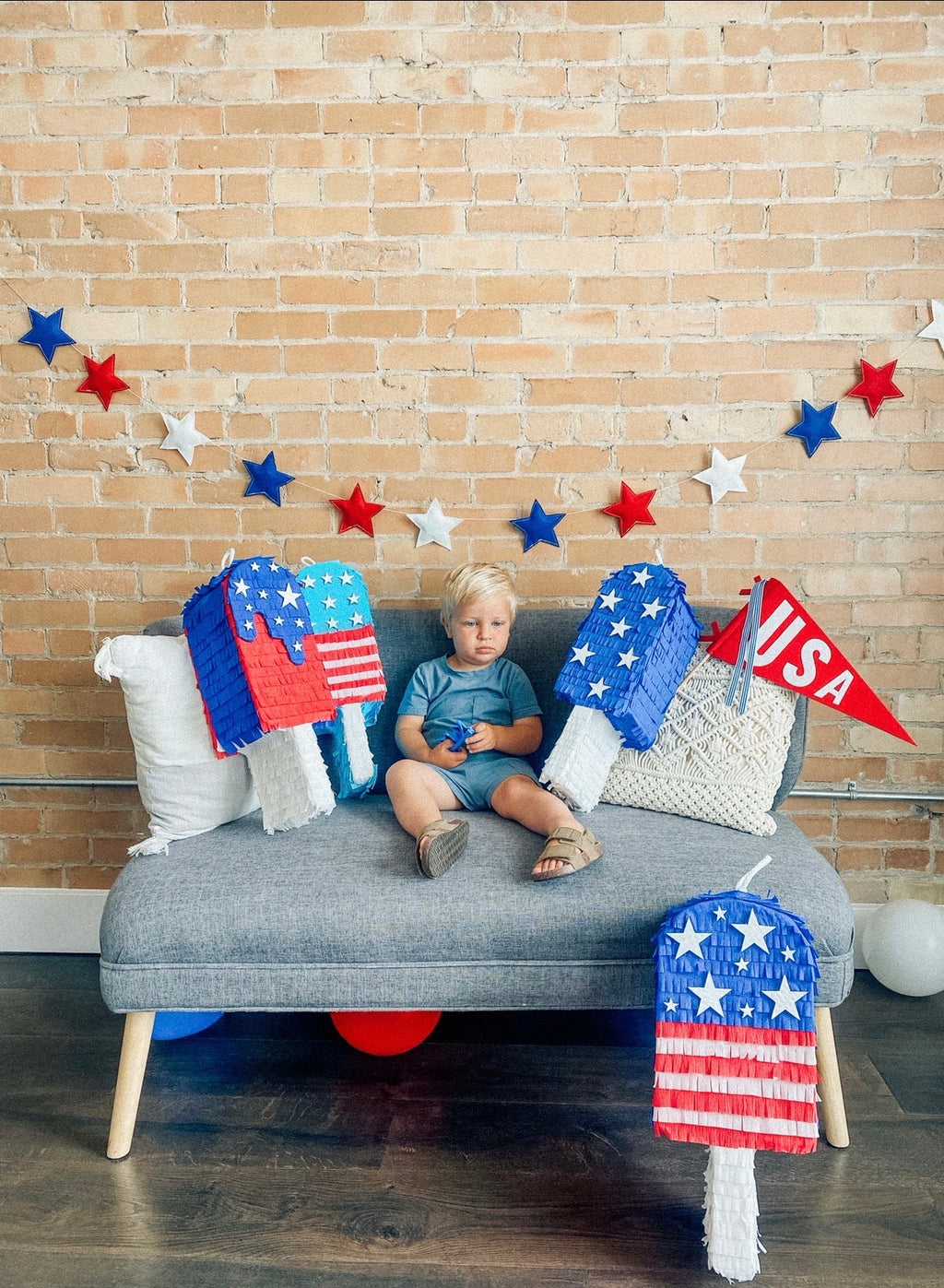 July Popsicle piñata (red,white,blue strips)