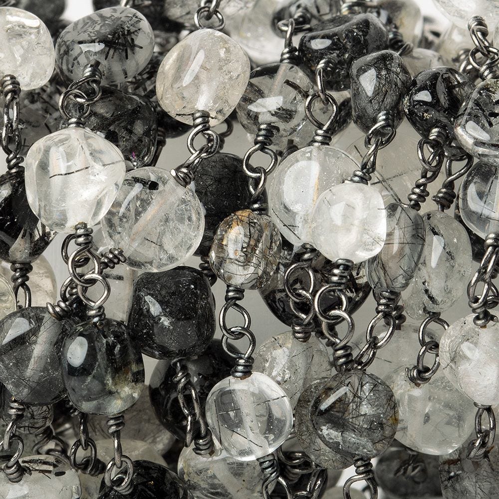 Black Tourmalinated Quartz plain coin Black Gold plated Chain by the foot