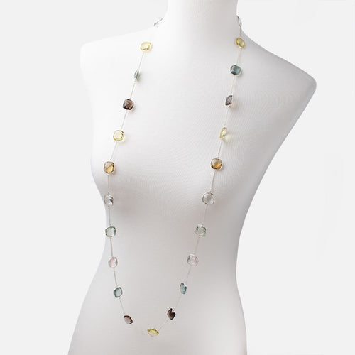 Multi Gemstone Faceted Cushion .925 Silver Bezel Chain Necklace AAA