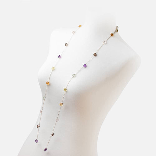 Multi Gemstone Faceted Cushion .925 Silver Bezel Set Chain Necklace AAA
