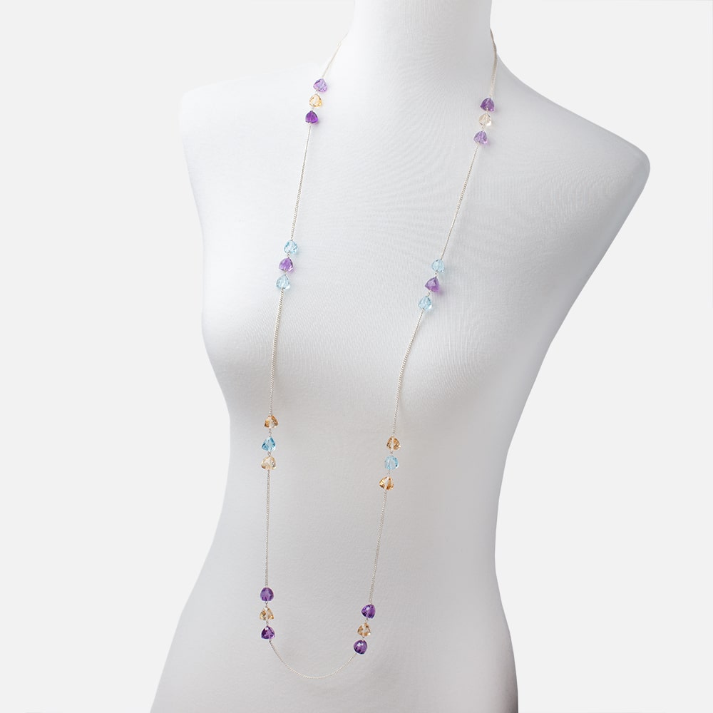 Multi Gemstone Faceted Trillion .925 Silver Chain Necklace AAA