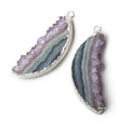 Silver Leafed Amethyst & Matrix Half Moon Drusy Pendant Set of 2 pieces 34x15x5.5mm  A Grade