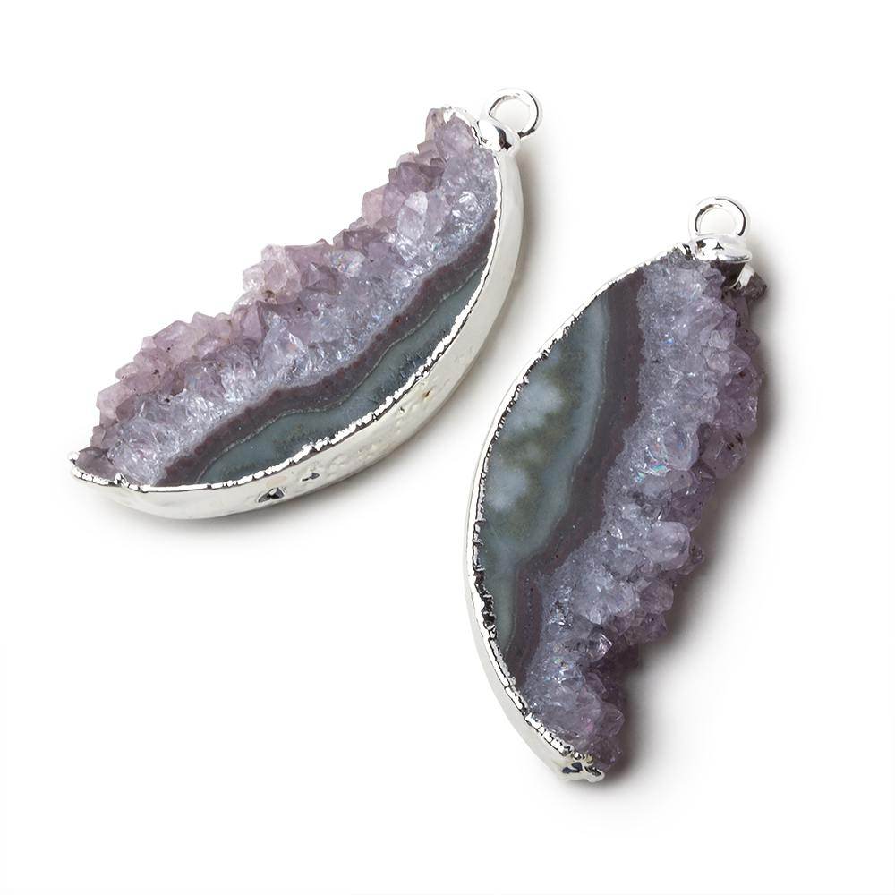 Silver Leafed Amethyst & Matrix Half Moon Drusy Pendant Set of 2 pieces 35x14x6mm  A Grade